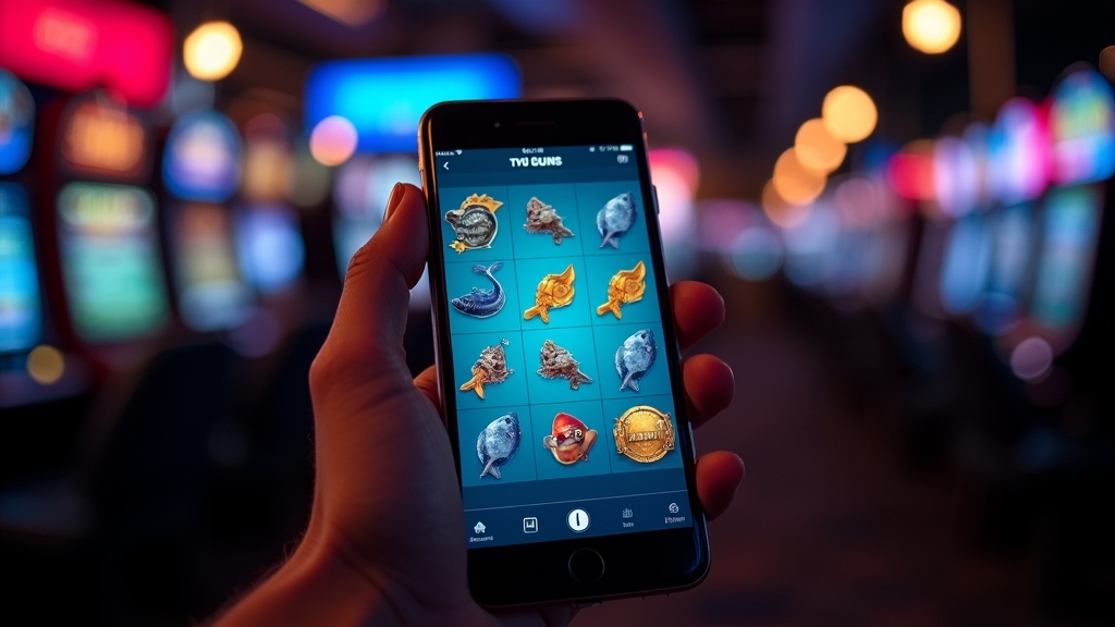 Person playing a fishing slot smoothly on a phone in a dark casino