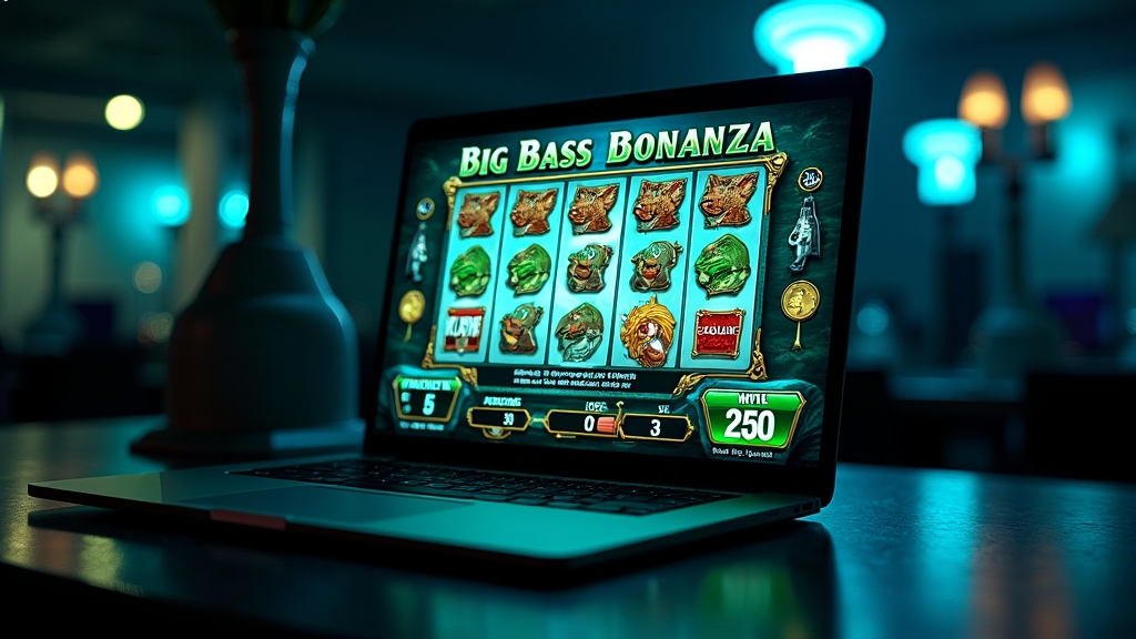 Big Bass Bonanza slot reels glowing on a laptop in a dark casino-themed setting