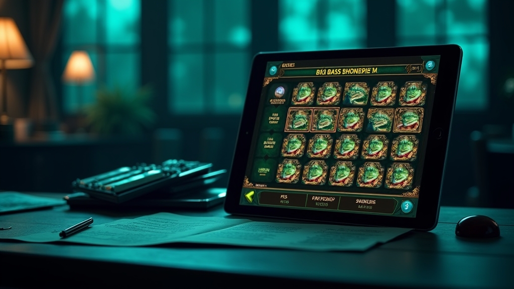Tablet showing Big Bass Bonanza demo spins next to practice notes in a dark casino scene