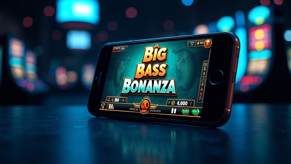 Big Bass Bonanza slot running on a smartphone in a dark casino setting