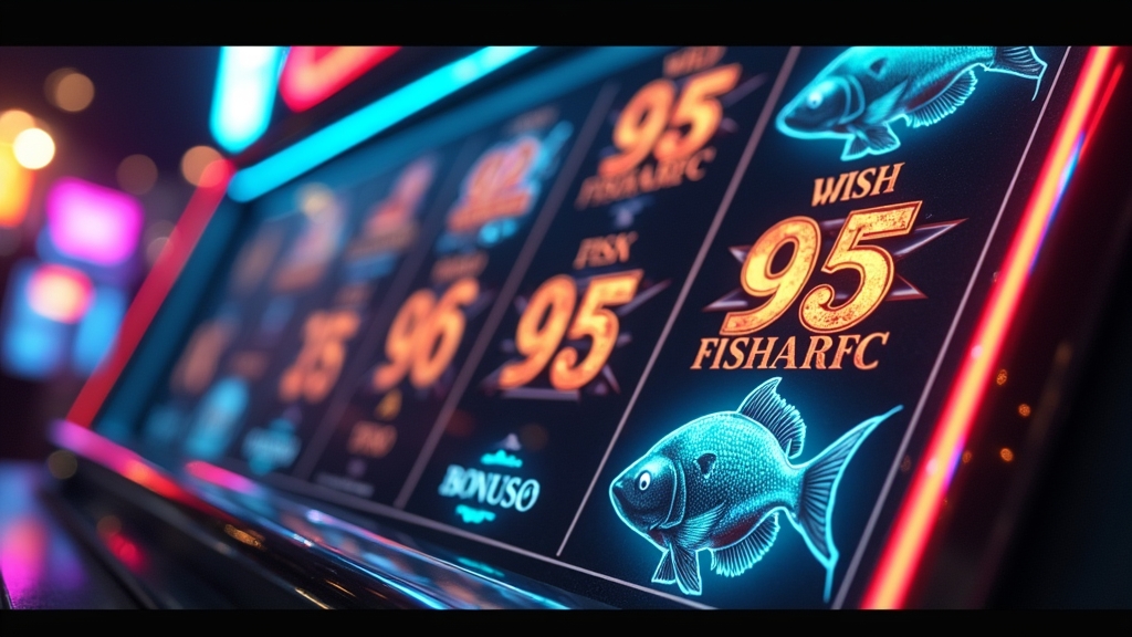 Fishing-themed slot reels with bonus symbols and a fisherman wild in a dark casino scene